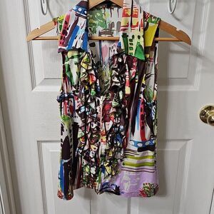 Mesmerize Abstract Art Graphic Print Sleeveless Ruffle Zip-Front Blouse Size S
